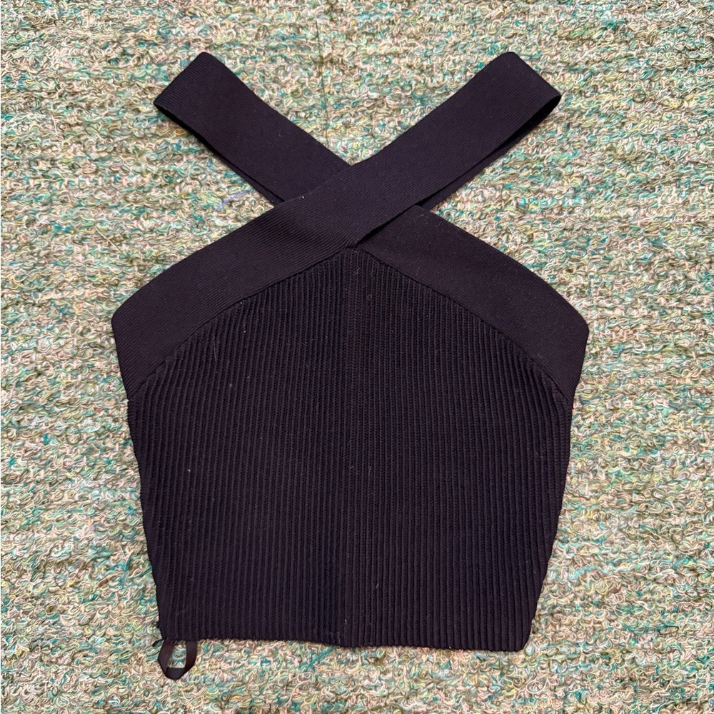 Aritzia Black Ribbed Cross-Strap Crop Top
